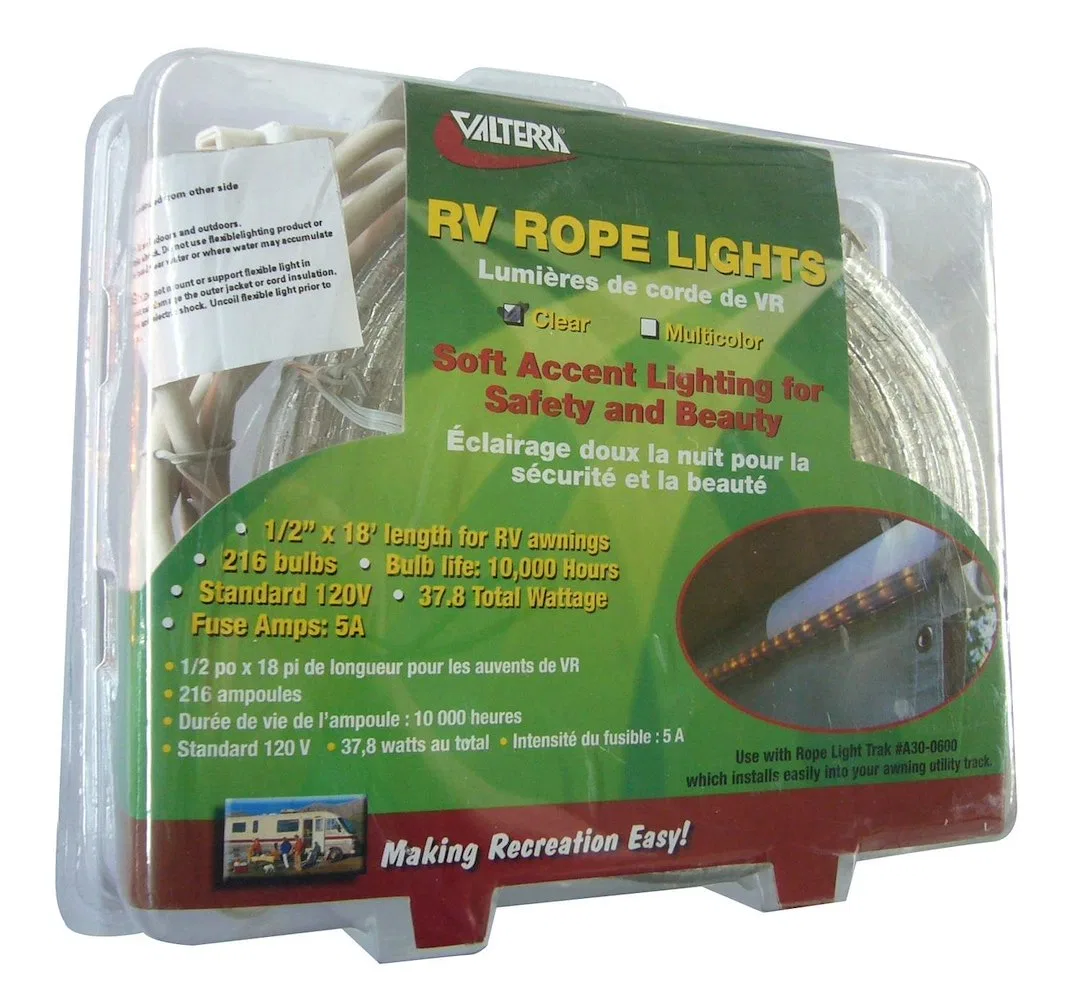 A30-0650 – VALTERRA LLC Rope Light, LED Clear Bulbs 120 Volt AC 18 Foot Length With Retail Clam Shell Package